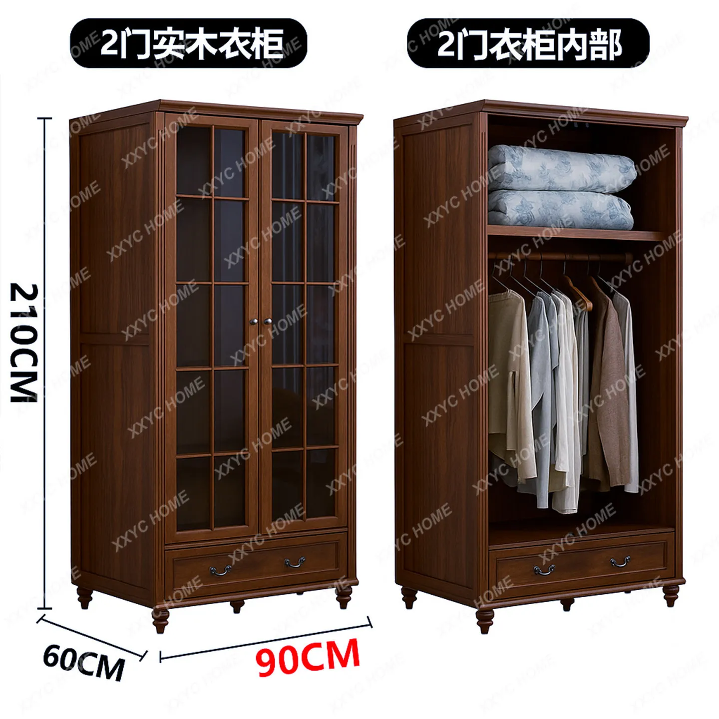 door solid wood wardrobe large capacity with glass door, household bedroom independent small apartment storage