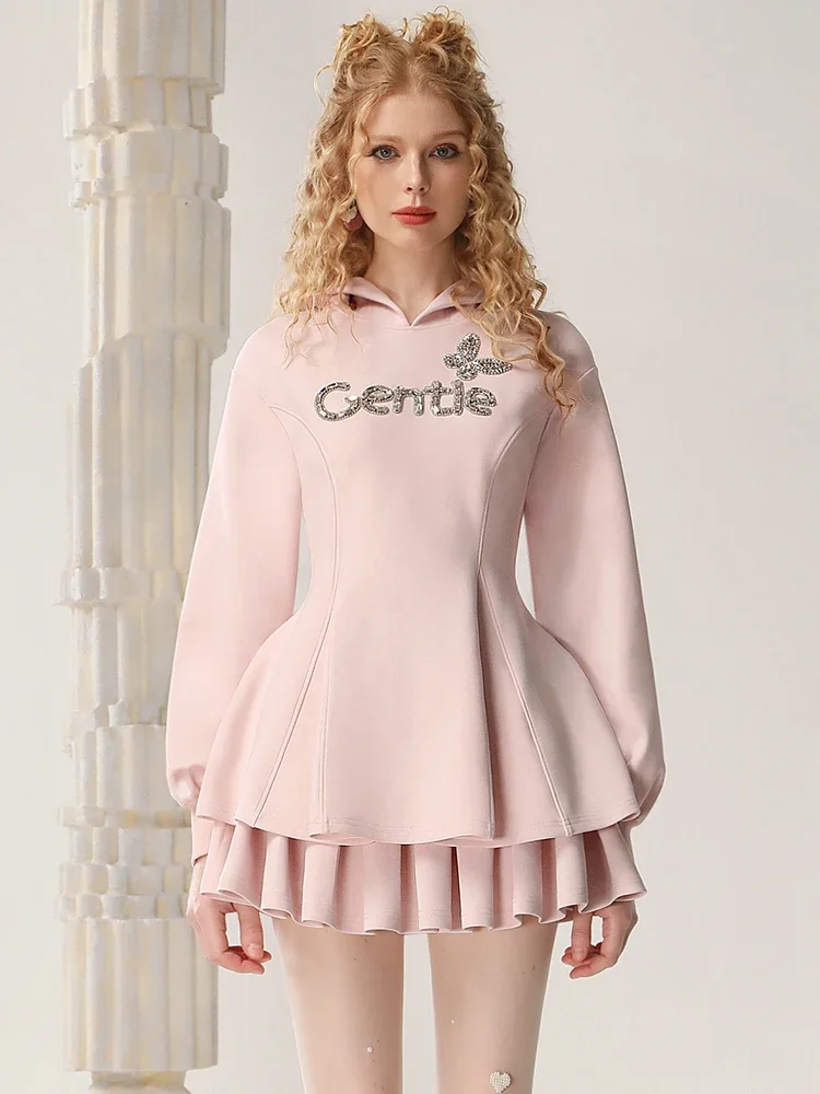 LEOSOXS High-end Knitted Sweater Suit Skirt Autumn New Hooded Top Girl Pink High Waist Pleated Skirt 2 Piece Sets Womens Casual