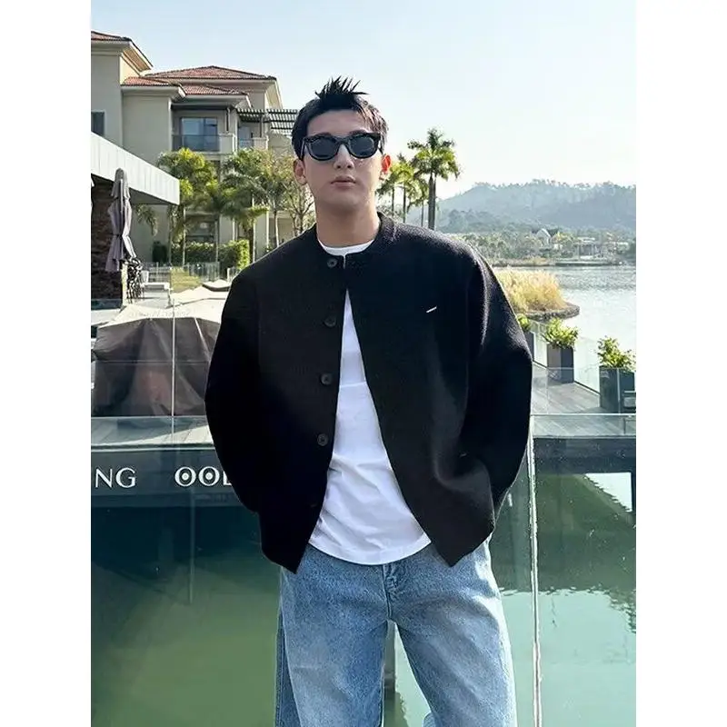 كارديجان رجالي محبوك بأسلوب أمريكي فضفاض برقبة مستديرة بلون سادة متعدد الاستخدامات بأسلوب كاجوال وكسول