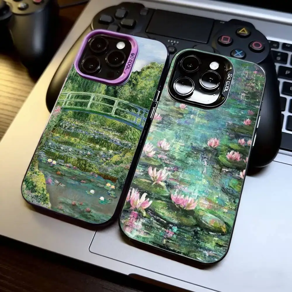 

Claude Monet Art Water Lilies Phone Case For iPhone 17,16,15,14,13,12,11 Plus,Pro Max,XS,Colored Silver Plated Inside Cover