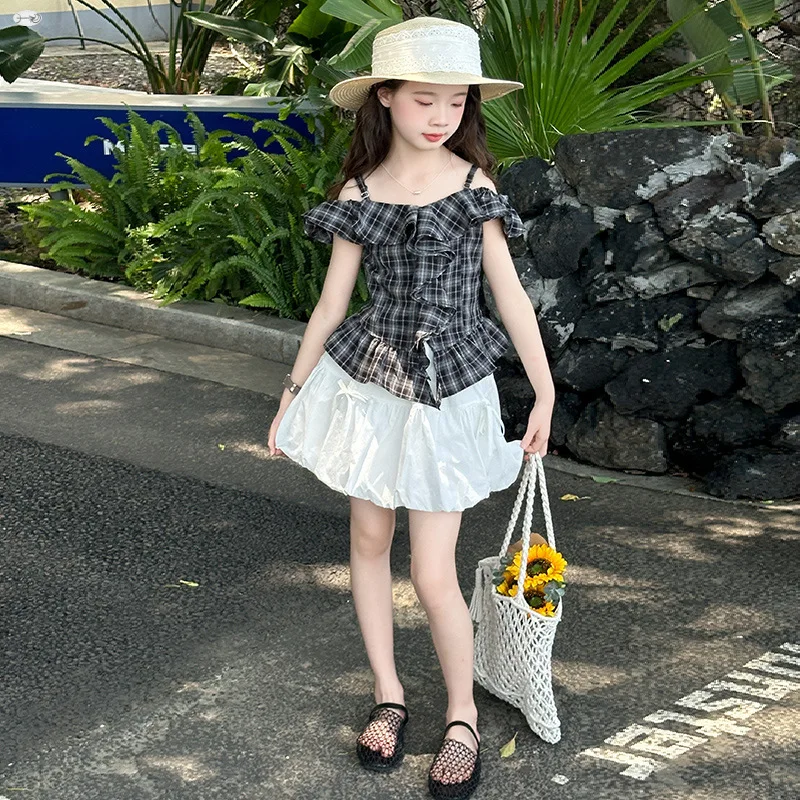 

2025 New Summer Children's Cotton Breathable Ruffle Grid One Shoulder Strap Top