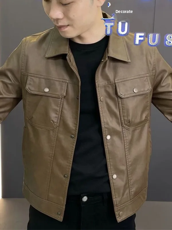 

Мужская модная куртка-косуха из искусственной кожи Slim Fit однотонного цвета с отложным воротником, весна-осень, новинка, с одной пуговицей