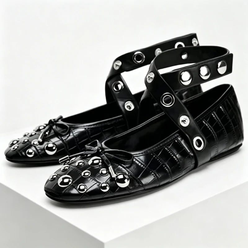 Fashion Rivet Bow Decoration Ballet Flats Women Punk Style Soft Leather Strap Mary Jane Shoes for Women Cozy Dance Casual Shoes