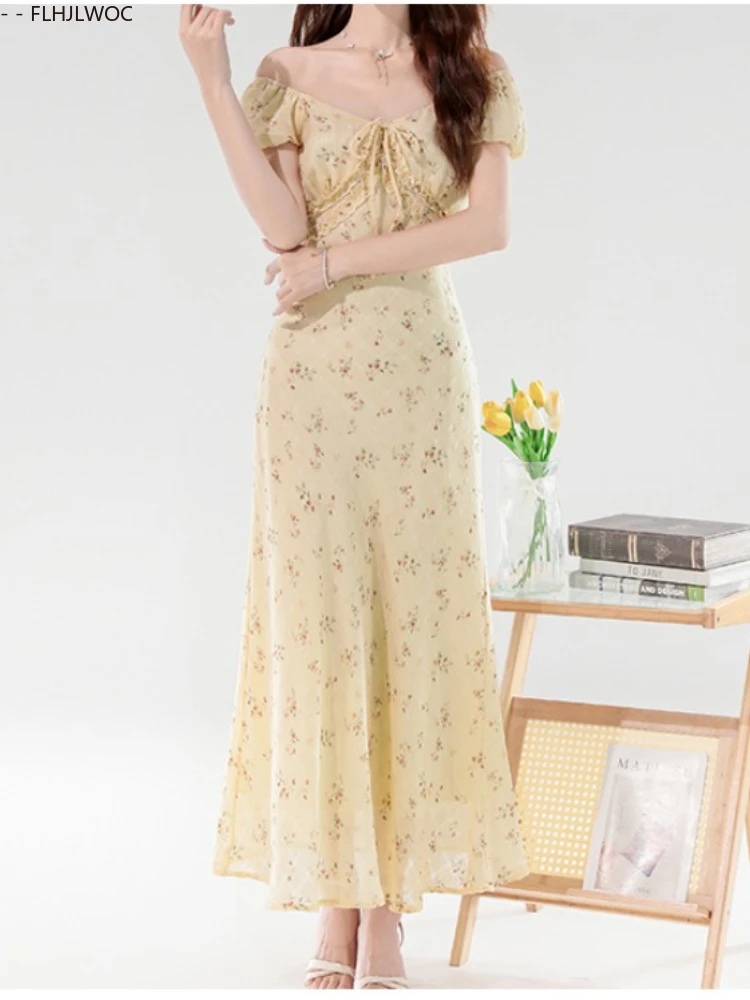 Retro Vintage Korea Japan Stil Mädchen Floral Rot Langes Kleid Sommer Kurzarm Urlaub Niedliche Blume Chiffon Fliege Hemd Kleid