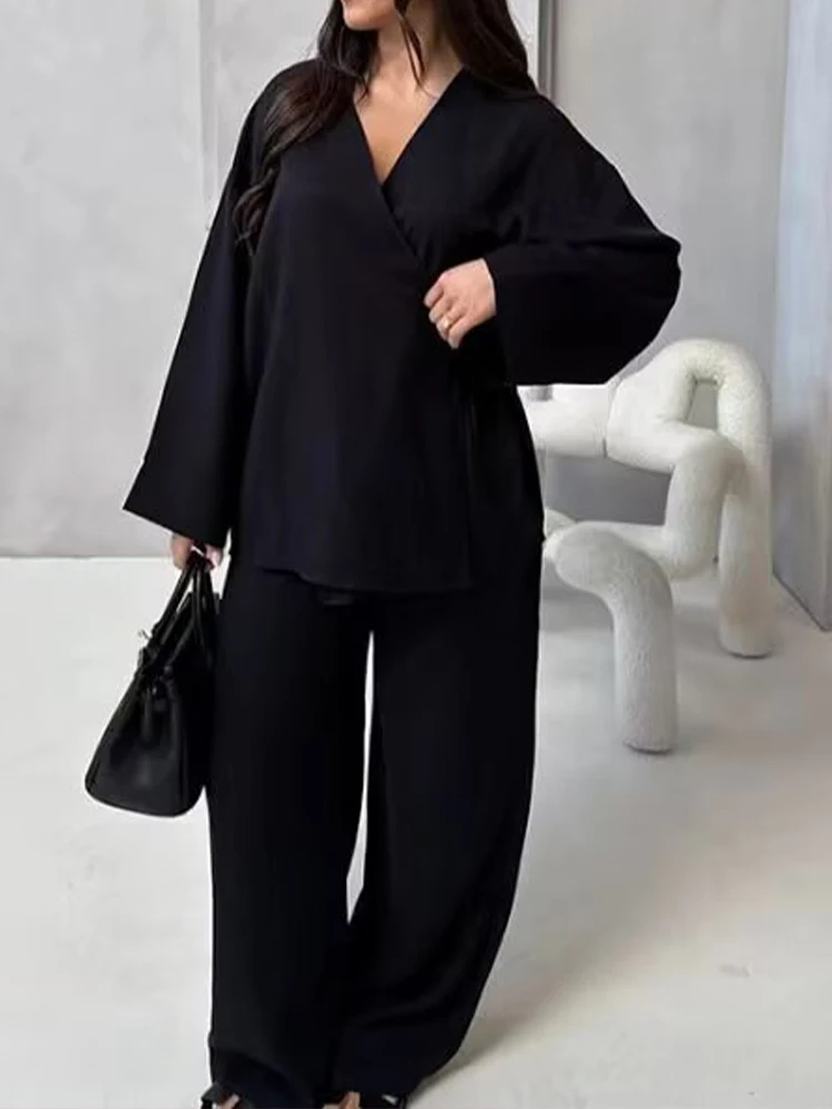 

European and American style summer new women's fashion casual lace-up solid color long-sleeved trousers suit