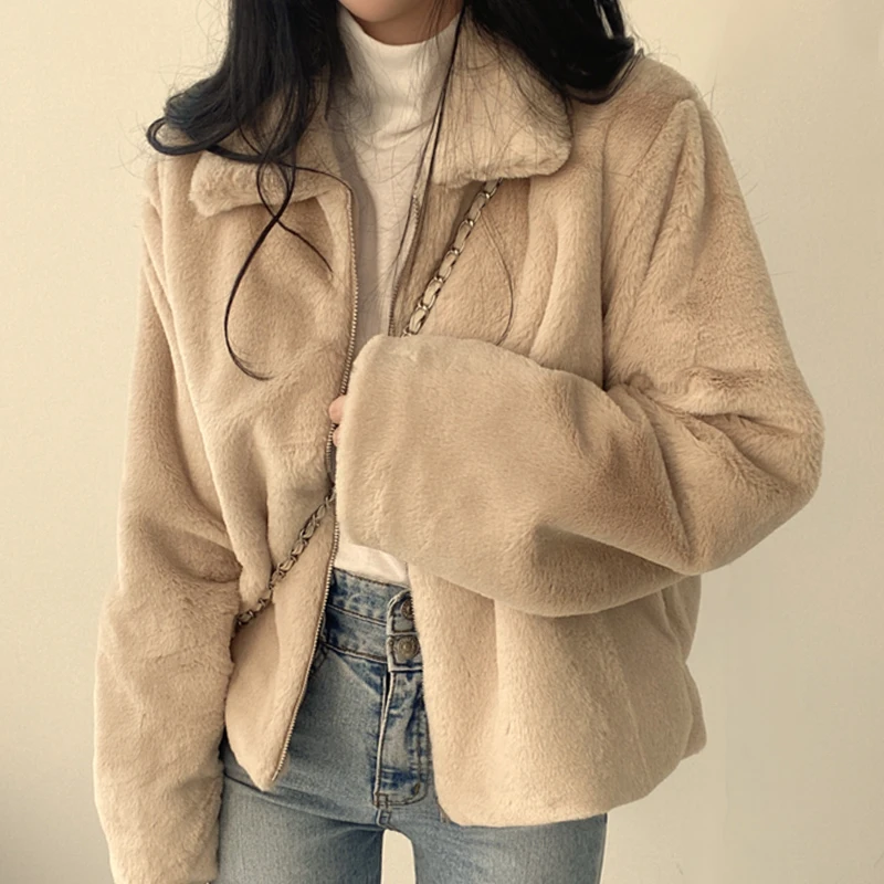

Chic Autumn Winter Fluffy Long Sve Coat Women's Casual Loose Fit Zipper Design Stand Collar Color Outerwear