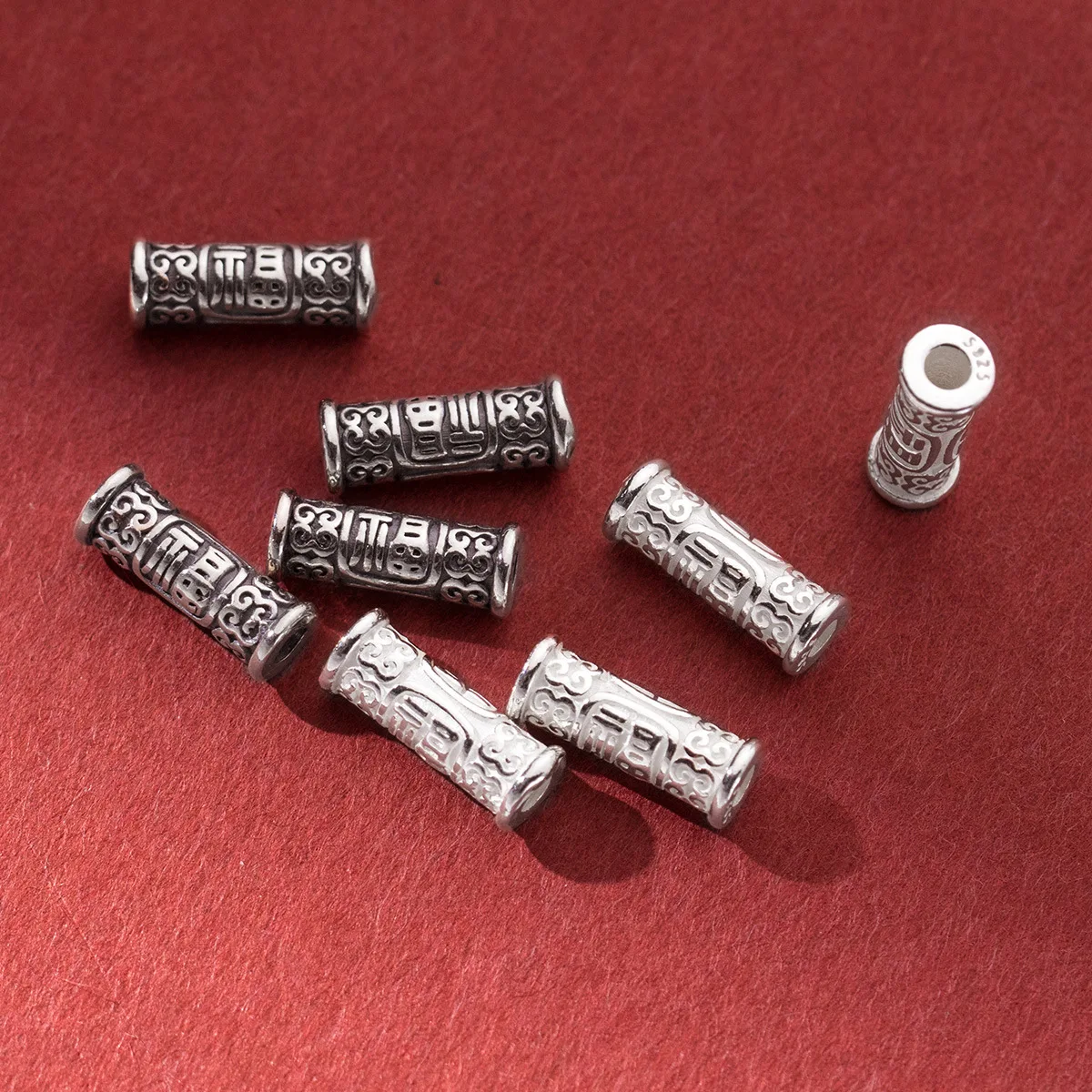 

1pc/lot 925 Sterling Silver Cylinder Chinese Pattern Bless Tube Beads 14.5x5.5mm Bracelets Necklace Lucky Spacers DIY Jewelry