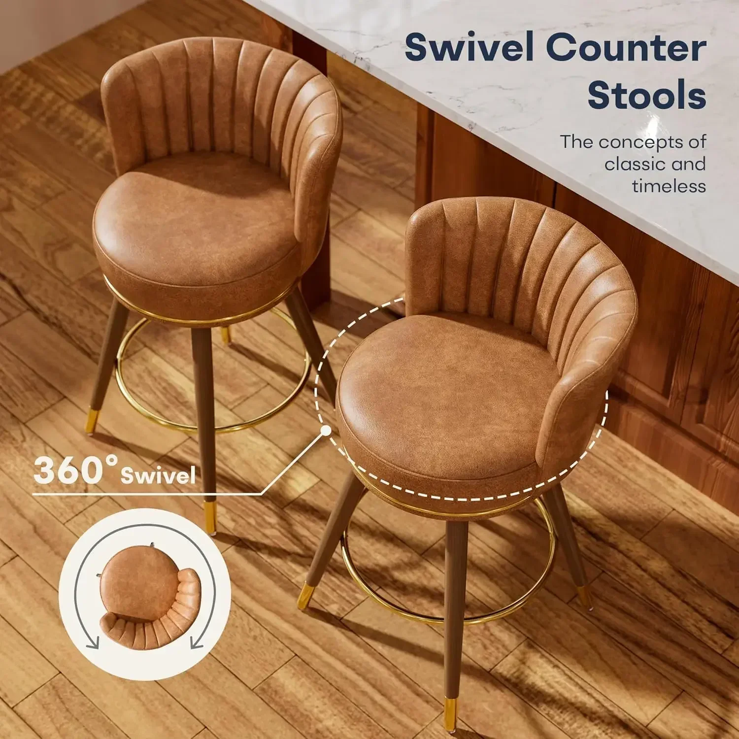 Counter Height Bar Stools Set of 4, Swivel Bar Stools with Back, 24" H Seat Height Upholstered Counter Stools with Wood Legs