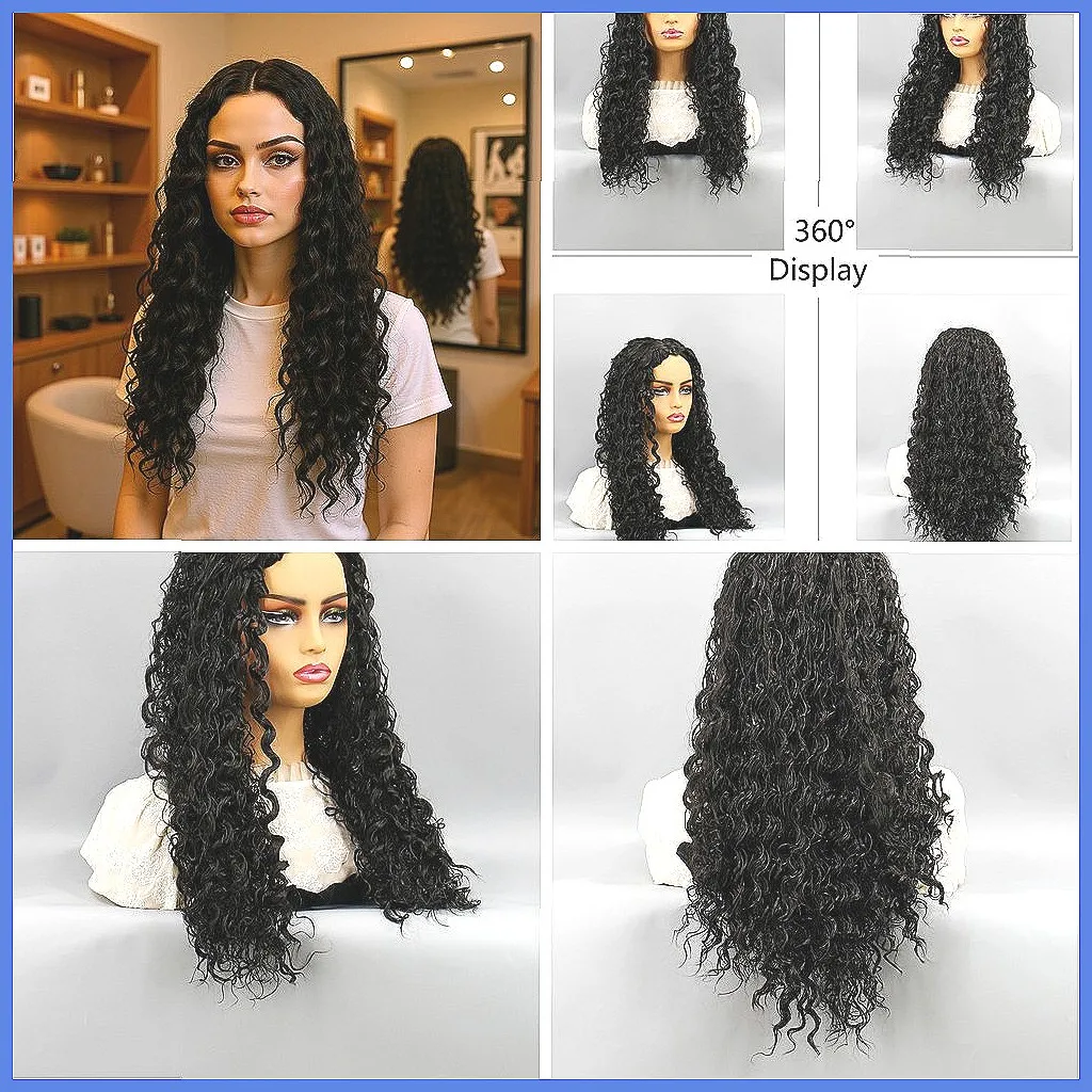 

28-дюймовый черный синтетический парик с центральной разделимкой для повседневной носки, натуральные кудрявые волосы для наращивания