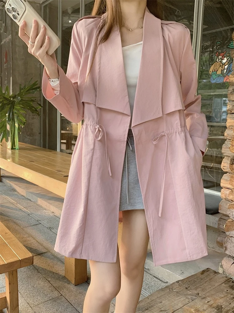 Plus Size Women's Trench Coat 2026 Spring Autumn Elegant Korean Version Drawstring Casual Windbreaker Jacket Versatile Coat