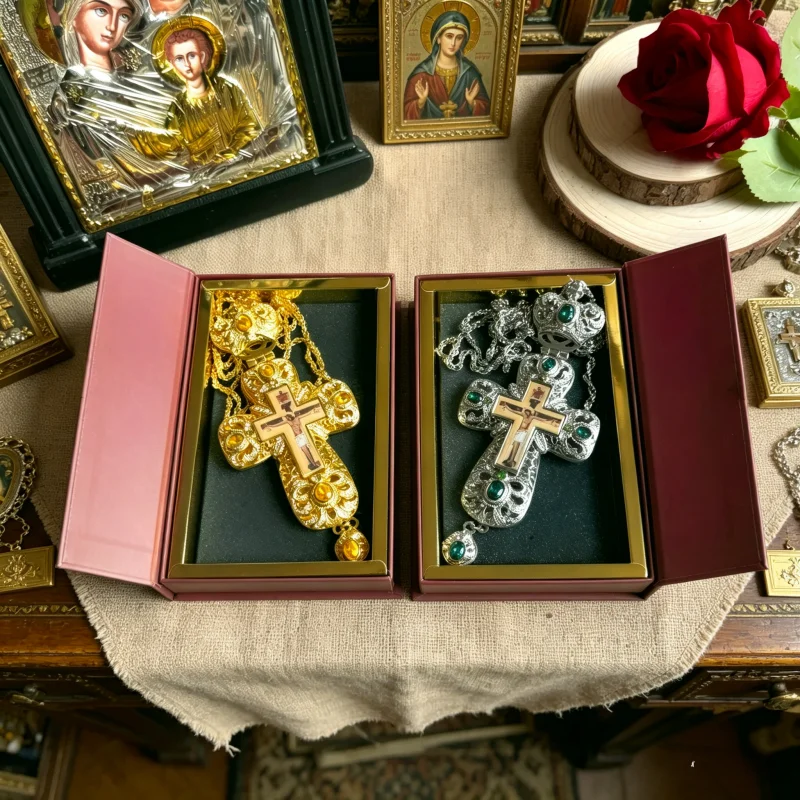 Gold/Silver Plated Orthodox Priest Pectoral Cross with Enamel, Gemstones & Chain for Liturgy Church Altar Religious Service Deco