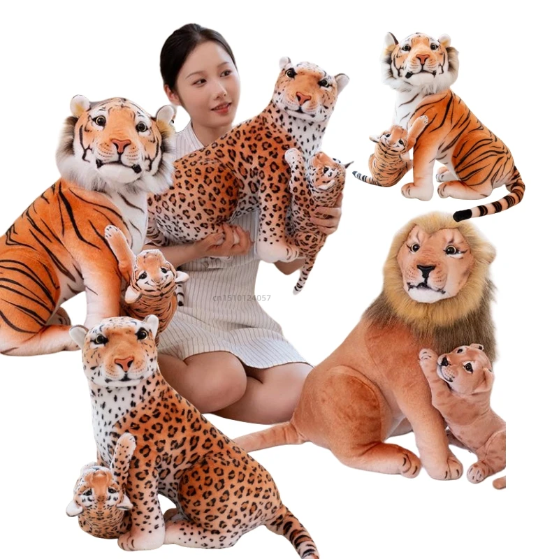 Simulation Turn the Head Plush Tigers Leopards Lions Mother and Son Soft Dolls PillowToys Christmas Halloween Gift  for Girls