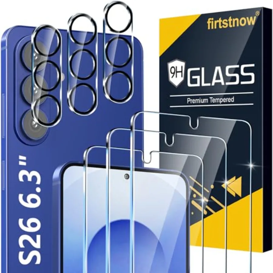 3 Pack for Samsung Galaxy S26 Screen Protector Tempered Glass + 3 Pack Camera Lens Protector, Military Grade Shatterproof, 9H H