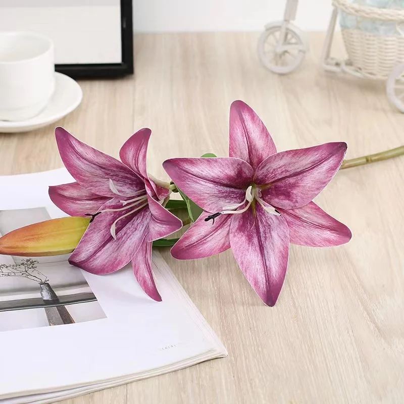 3 köpfe Künstliche Blumen Lily Real Touch Gefälschte Blumen für Hochzeit Home Party Garten Büro Dekoration Kunststoff Lily Faux Blumen – Detail 7