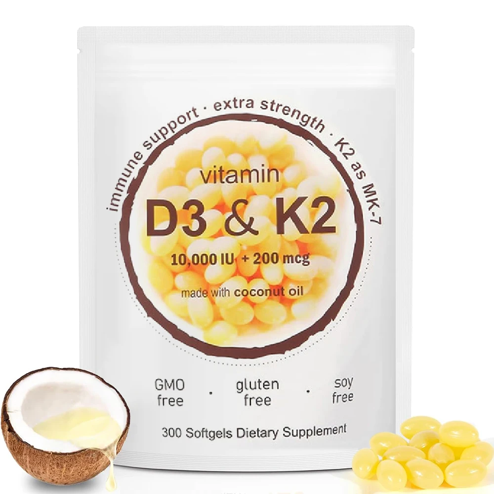 Vitamin D3 10,000 IU + K2 MK-7 200 mcg, 180/300 Softgels with Virgin Coconut Oil | 2-in-1 Vitamins D & K Complex, Extra Strength