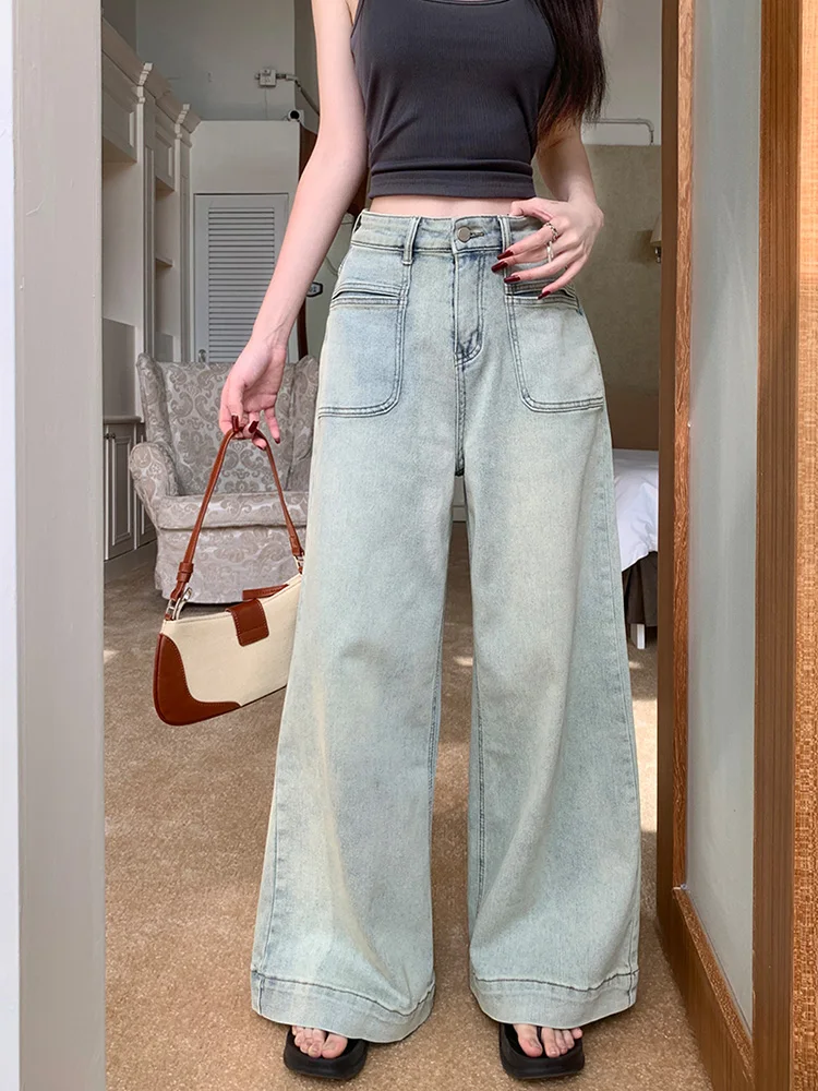 

Benuynffy 2024 Spring and Summer New Washed Denim Wide-leg Pants Women's Korean Fashion Loose High-waisted Jeans Without Belt