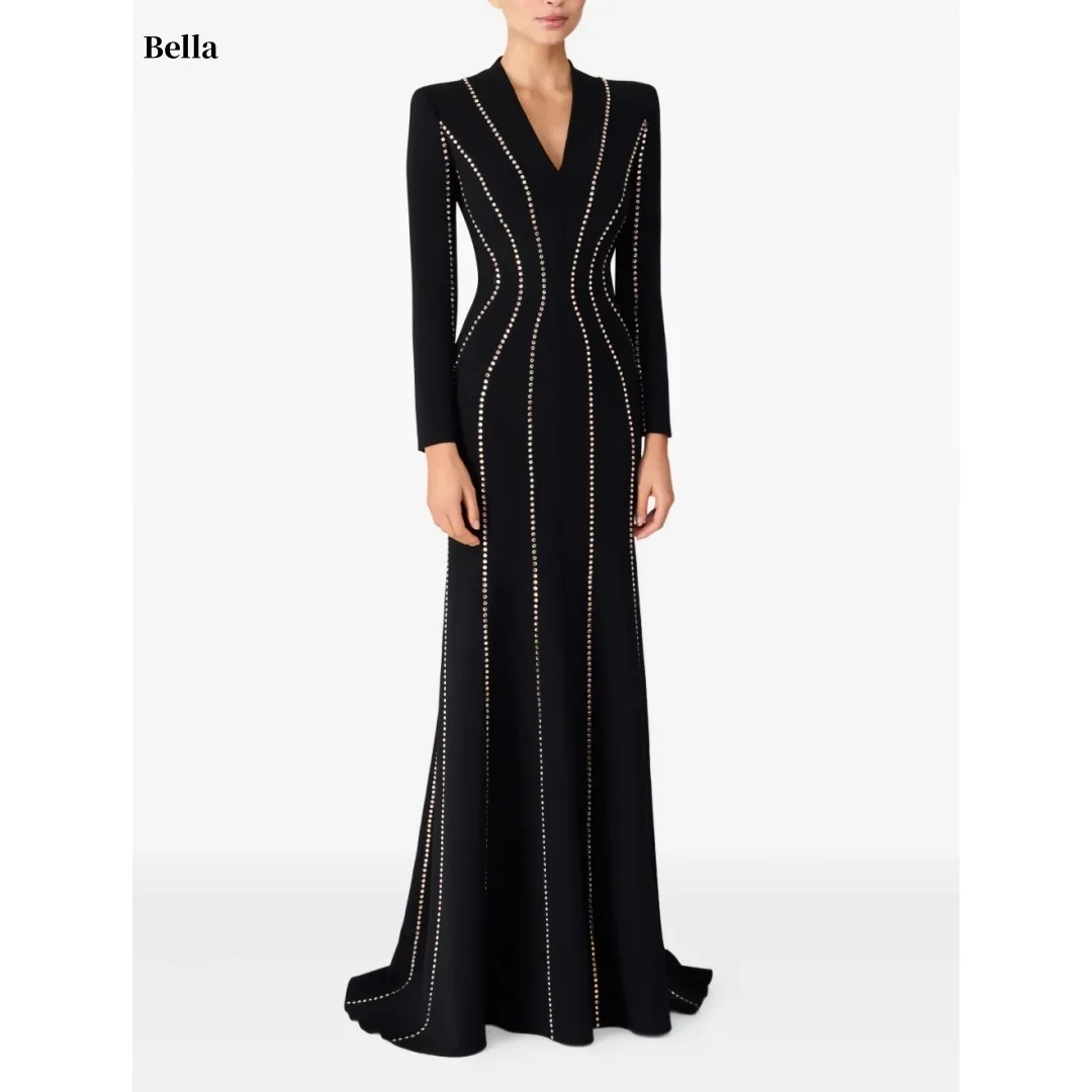 

Bella Индивидуальное черное платье с v-образным вырезом и длинными рукавами, золотистая отделка шлейфом, элегантное вечернее платье, платье для выпускного вечера