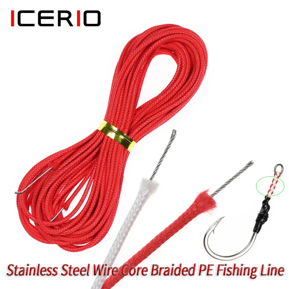 ICERIO 10M 16 Strands Braided PE Fishing Line Stainless Steel Wire Core Lithe Stronger Jigging Assist Hook Line 90LB 120LB 150LB