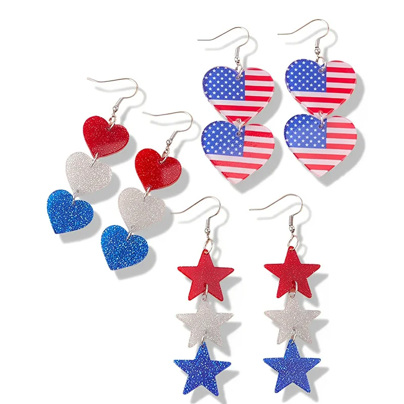 New American Independence Day Earrings Red White Blue Love Acrylic Splicing Earrings Long Pentagram Earrings Decoration