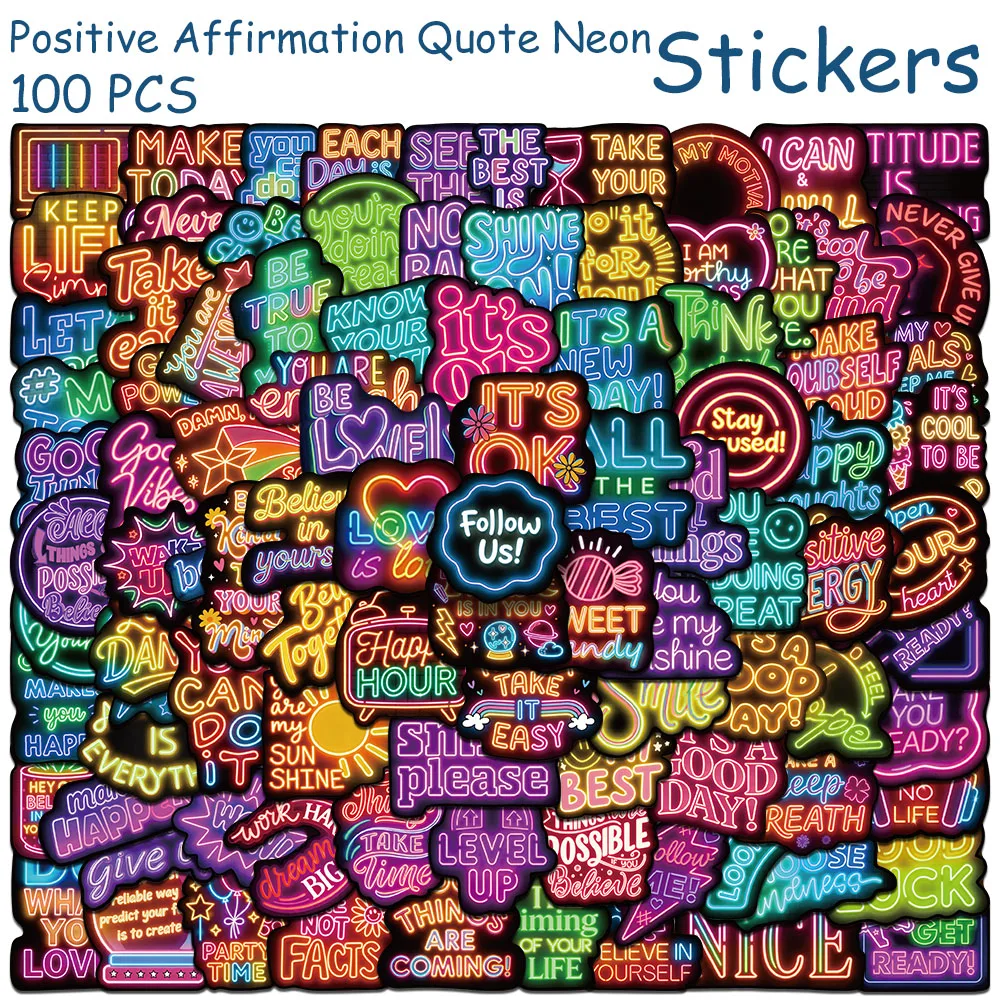 50/100pcs Positive Affirmation Quote Neon Stickers Decals For Laptop Scrapbook Luggage Helmet DIY Graffiti Aesthetic Stickers