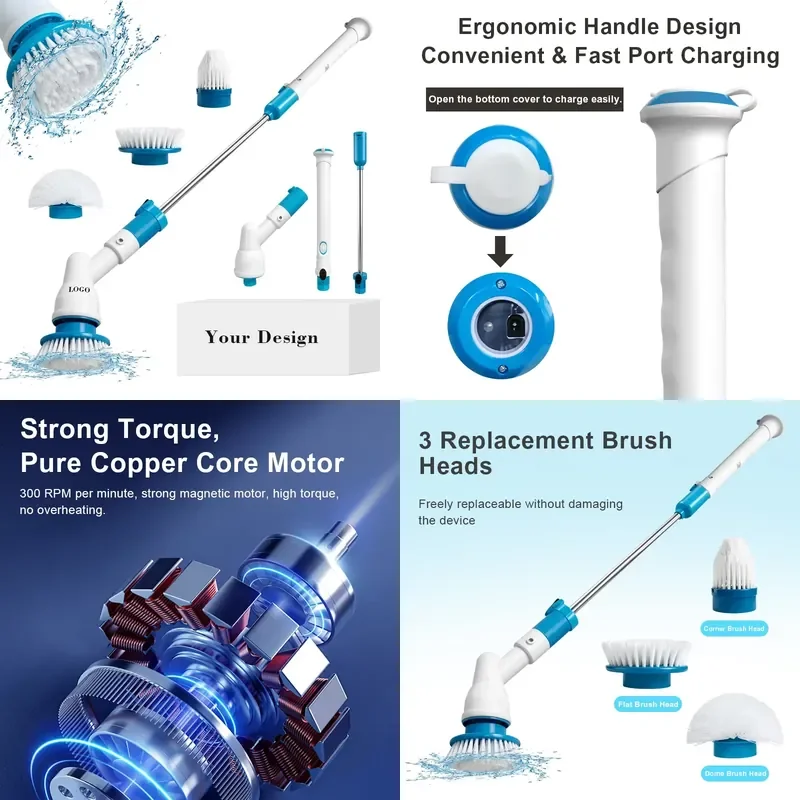 1200mAh Electric Spin Scrubber 3 Interchangeable Multi Brush Heads Floor Scrubber Machine Professional Cordless Cleaning