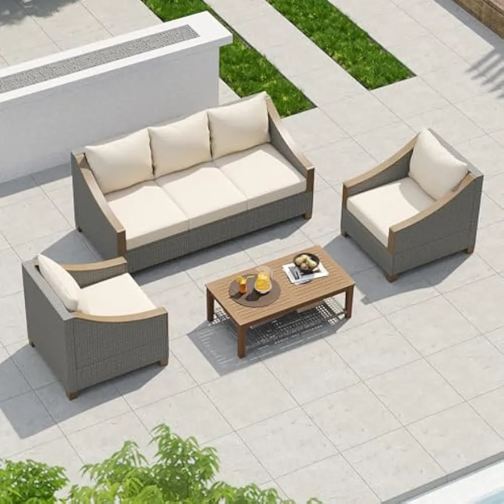 

3-Seater Loveseats,2 Single Chairs and Wooden Coffee Table for5Person Patio4Piece Rattan Conversation Sofa 5 Cushions & Pillows