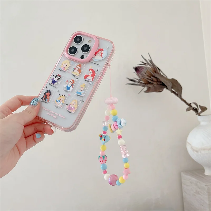 Fashion Disney Pink Princess Girl Phone Case for iPhone 12pro max 13 14 15 Pro Max Cinderella Macaroon Cover Bracelet Funda