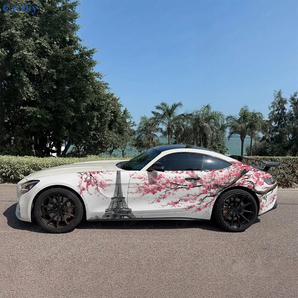 2pcs Paris & Cherry Blossom Realm, Durable, Fade-resistant, Enhance Vehicle Aesthetics With Bold Artistic Design Car Vinyl Wraps
