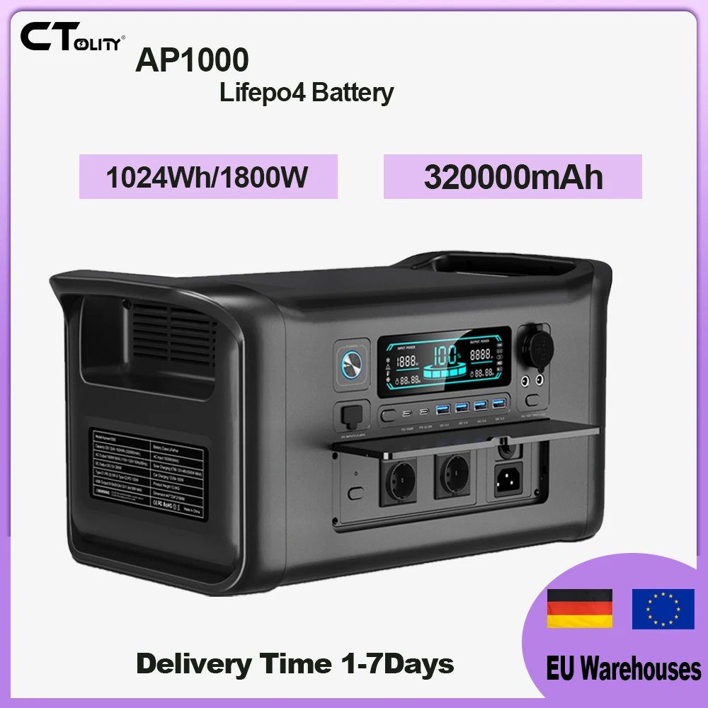 

CTOLITY AP1000 Солнечный генератор 1600 Вт, 1024 Втч, резервная батарея LiFePo4 и солнечная панель 200 Вт, крыльцо на открытом воздухе, кемпинг, путешествия, затемнение