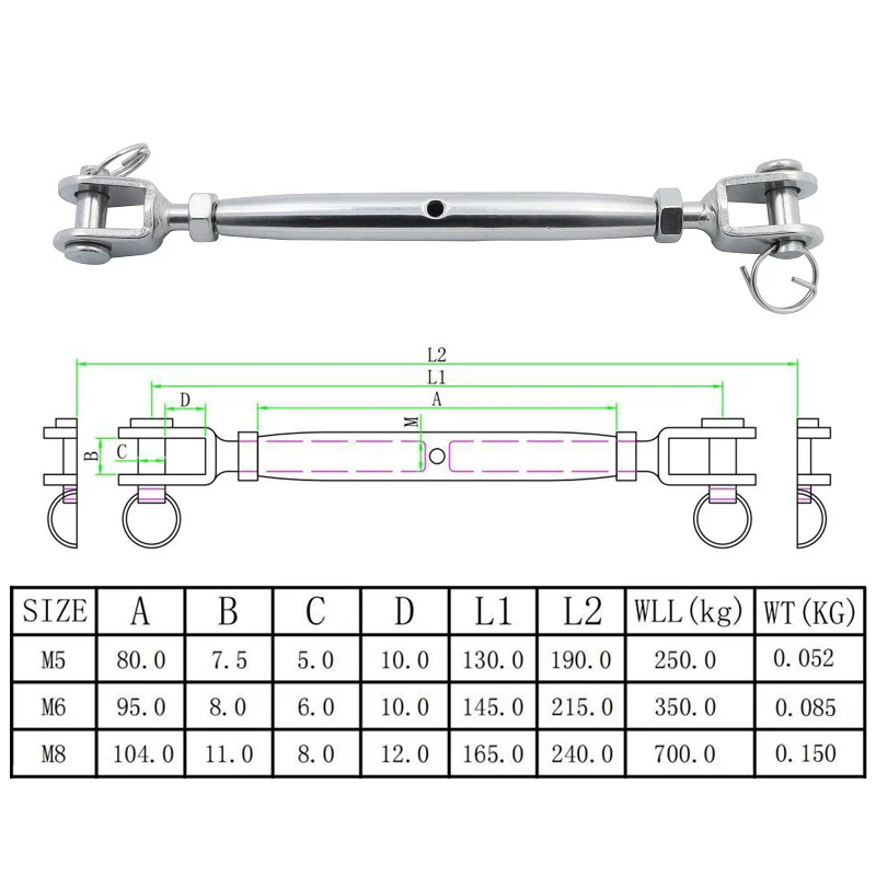 4 Pieces Stainless Steel 316 Closed Body Turnbuckle Jaw And Jaw M5 M6 M8 High Polished Rigging Hardware Heavy Duty For Boat Yach