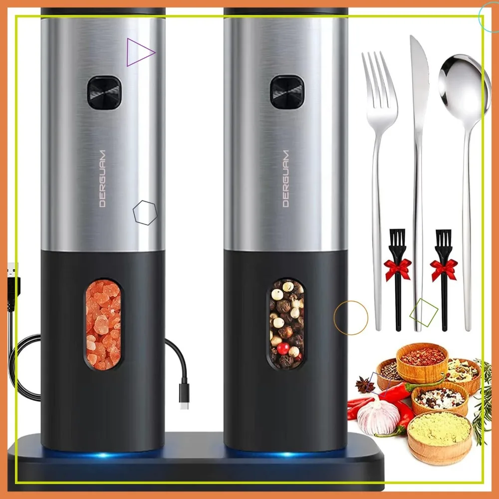 

USB Rechargeable Electric Salt and Pepper Grinder Set with Adjustable Coarseness and LED Light