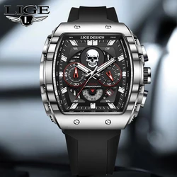 LIGE Watch Skull Style Men Watch Silicone Luminous Quartz Watches Military Wateproof Auto Date Chronograph Skeleton reloj hombre