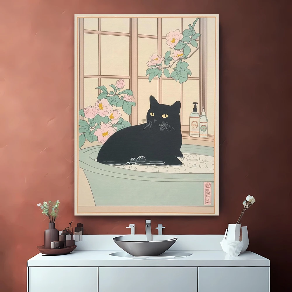 Funny Japanese Cat Bathroom Poster Black Cat Reading Newspaper on a Toilet Prints Neutral Aesthetic Cat and Pink Flowers Canvas
