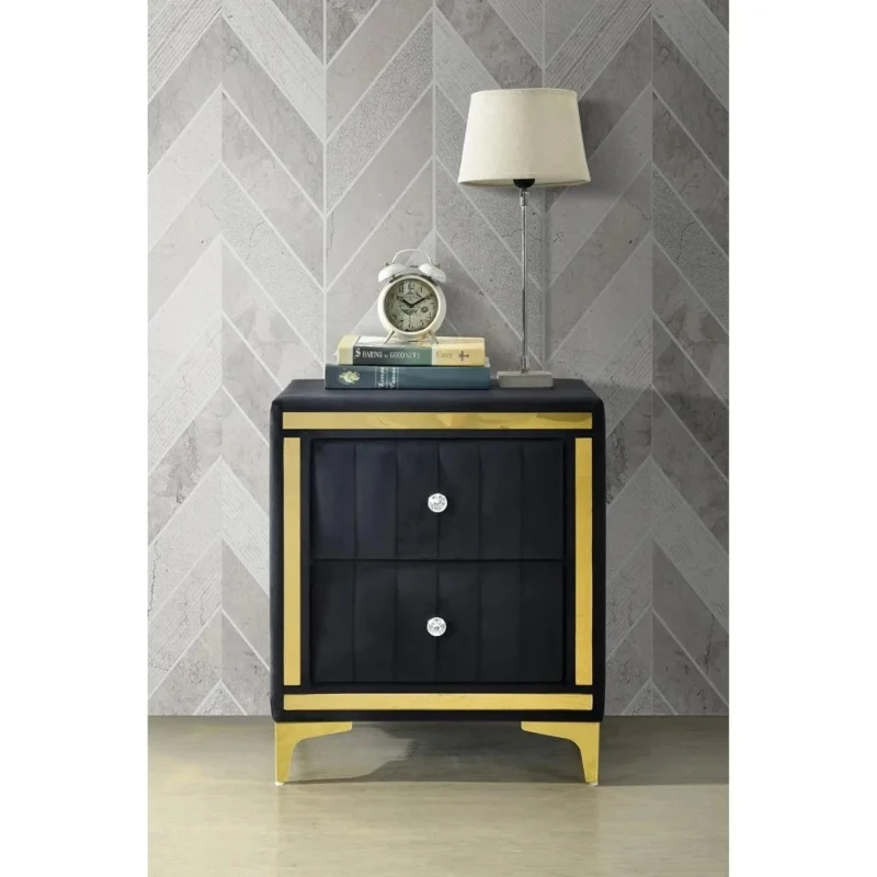 

Monique Velvet Black Nightstand with Gold Legs, Trim, and Crystal Knobs - Fully Assembled