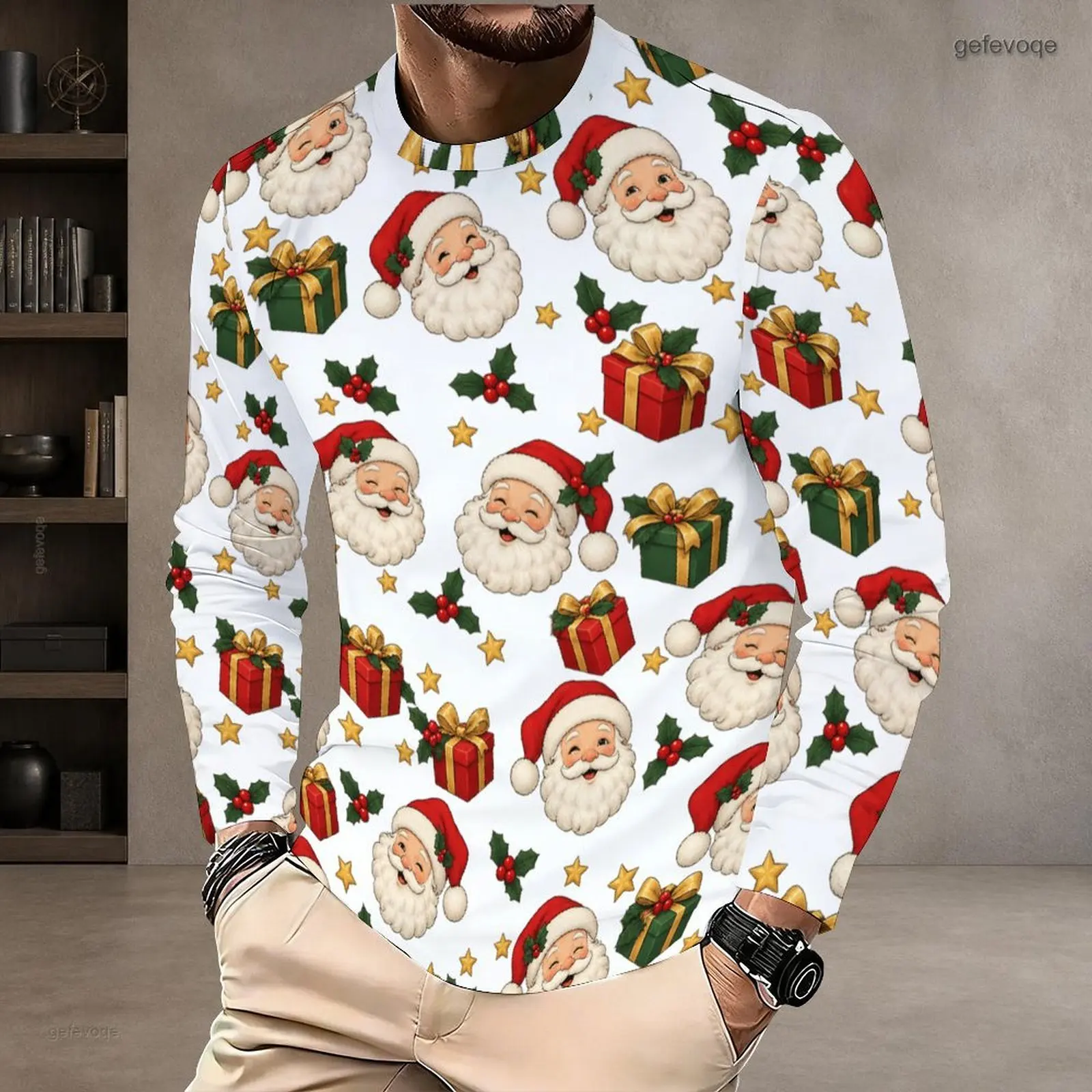 Men Round Neck Long Sleeve Printed T-Shirt Santa Face Gift Box Holly Star Christmas Pattern