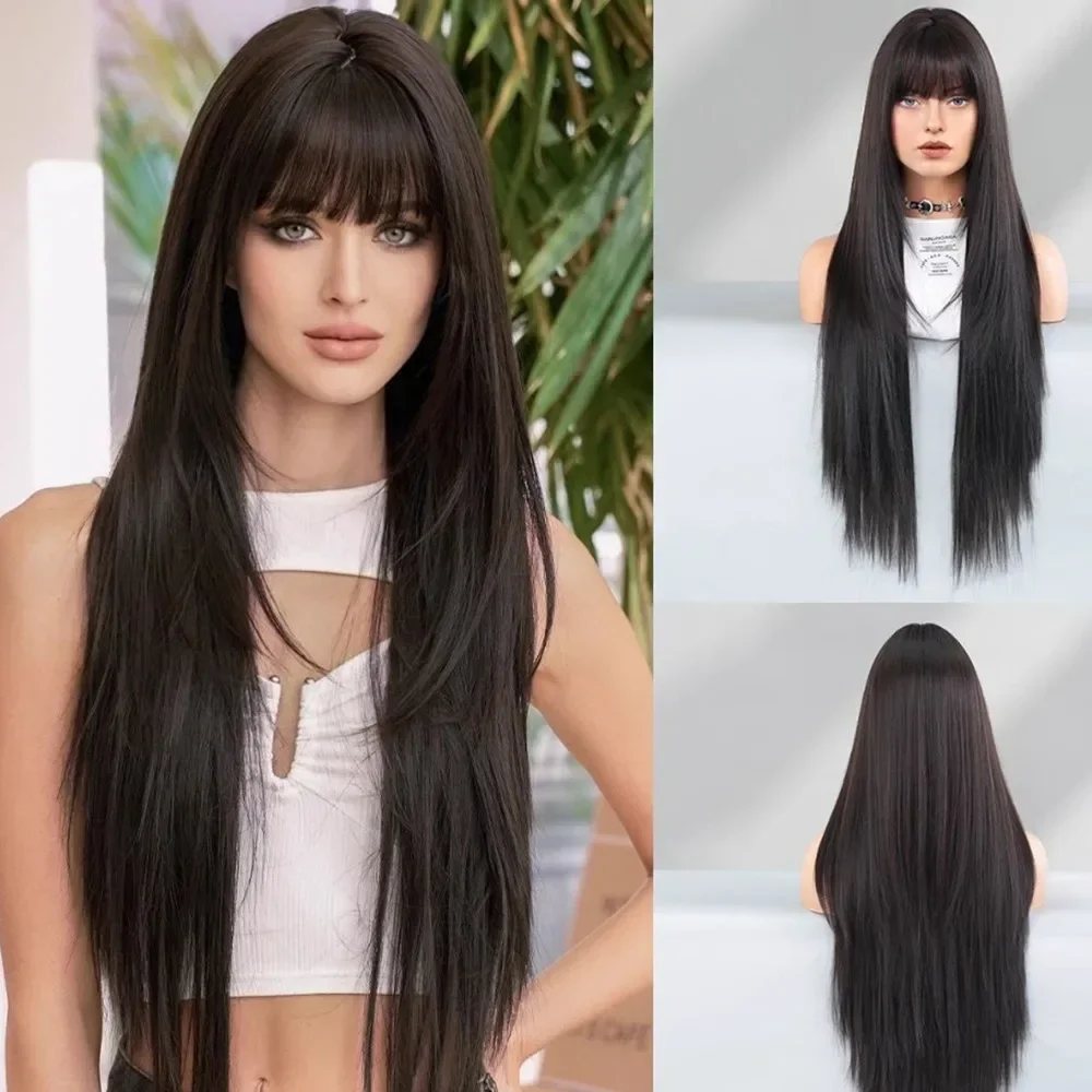 Wig sintetis poni panjang lurus hitam, wig penutup kepala penuh untuk wanita, properti Cosplay 86cm