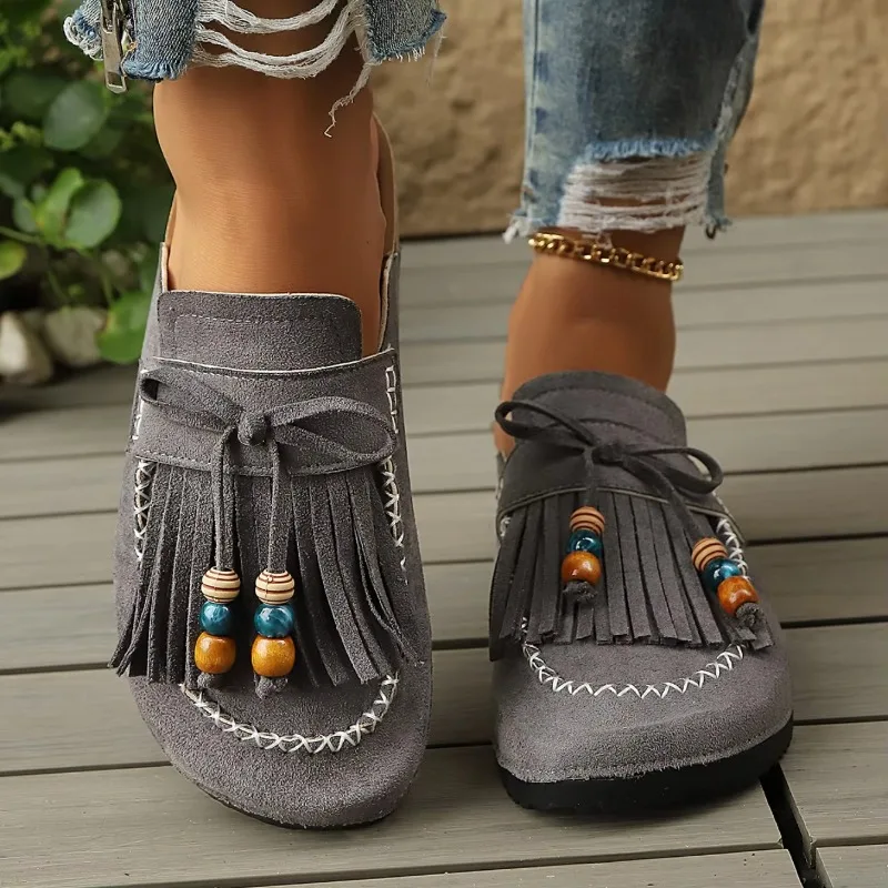Round Toe Soft Soled Comfortable Women Shoes 2026 New Retro Style Tassel Beads Closed Toe Women's Mules Fashion Solid Color