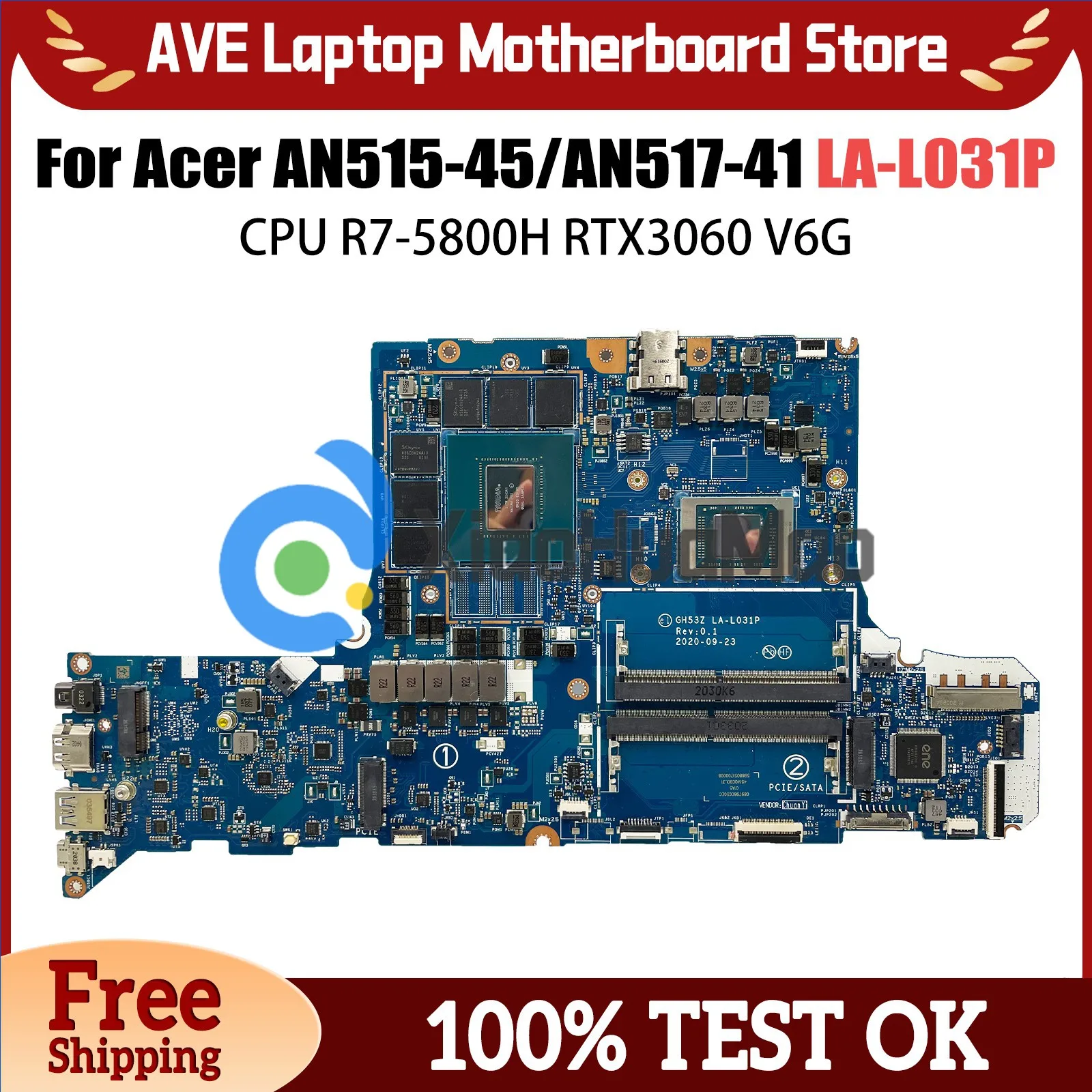 GH53Z LA-L031P Mainboard For Acer Nitro 5 AN515-45 AN517-41 Laptop Motherboard NB.QBC11.002 With R7-5800H CPU RTX3060 V6G