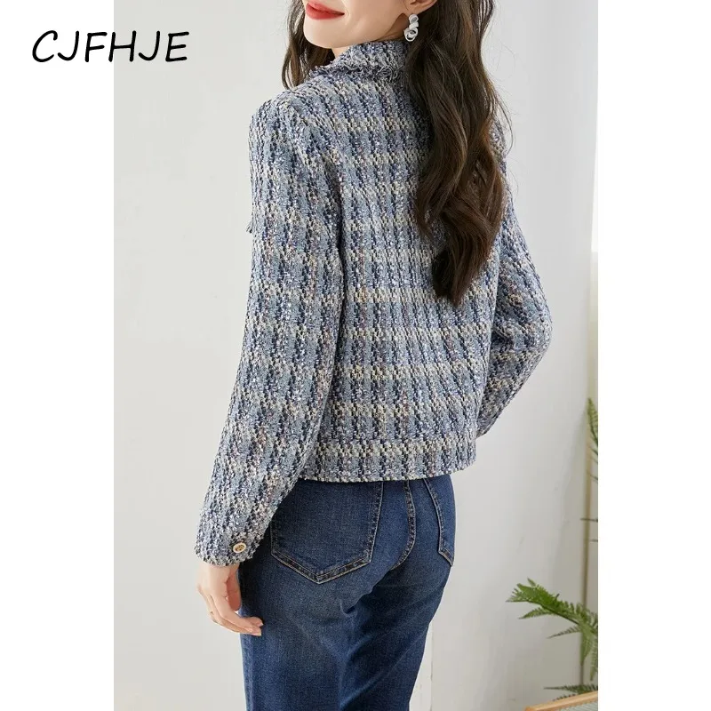 CJFHJE New Fashion Straight Tube Tweed Short Coat Women\'s Long Sleeve Jackets Classic Elegant Lapel Lady Coat Autumn Winter