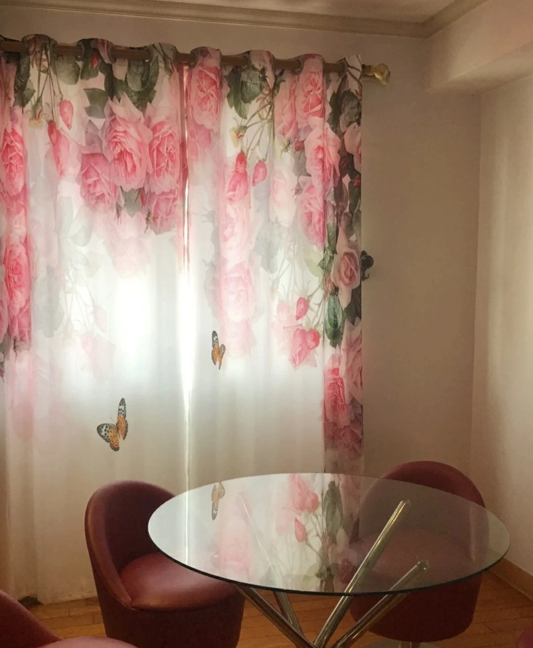 Pink Flower Curtain Green Plant Pastoral Decor Sheer Screen Curtain Living Room Bedroom Floor-to-ceiling Window Voile cortinas