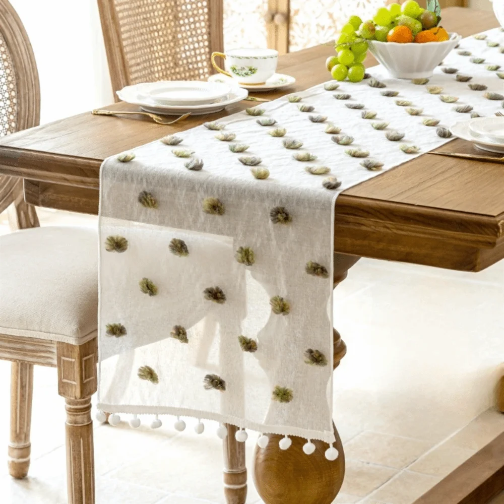 Nordic Style Lace Table Runner with 3D Pom-poms Rectangular Dining Table Cloth Gauze French-style Bookcase Cover Restaurant