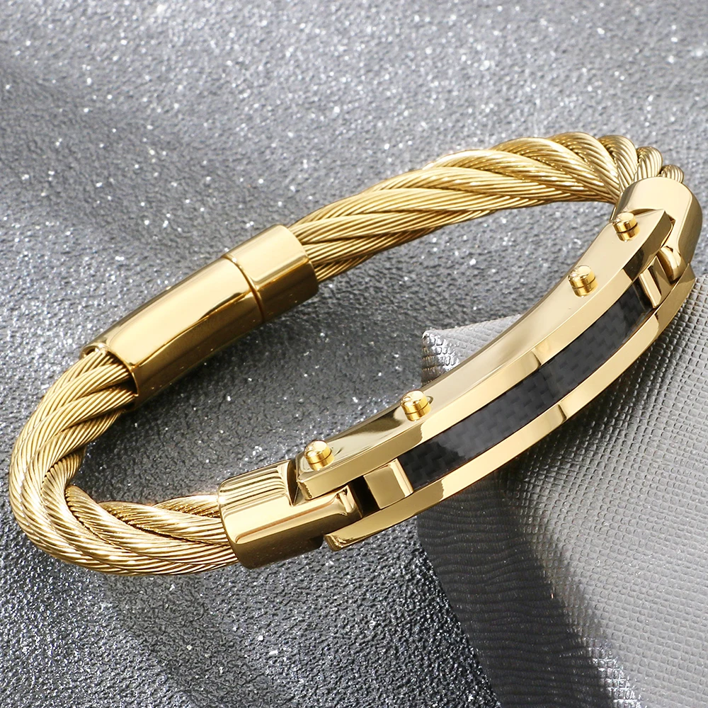 Men's Curved Carbon Fiber Wrap Bracelet for Man 8MM Width Braided Stainless Steel Wire Chain Wristwear Fashion Jewelry Gift Boys