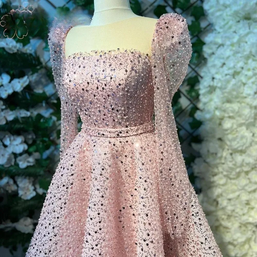 Pink Sequin Long Sleeve Cocktail Dresses Ankle Length With Belt Ladies Birthday Party Formal Occasion Dresses فساتين السهرة