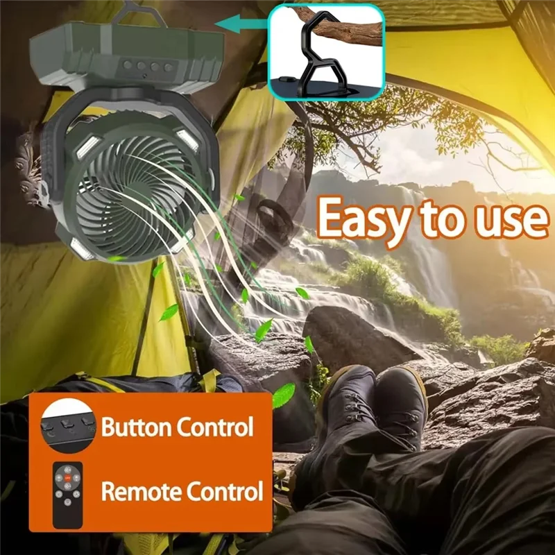 مروحة تخييم محمولة B72A مع ضوء LED يهز الرأس، معلقة بخطاف الهواء للاستخدام في الهواء الطلق