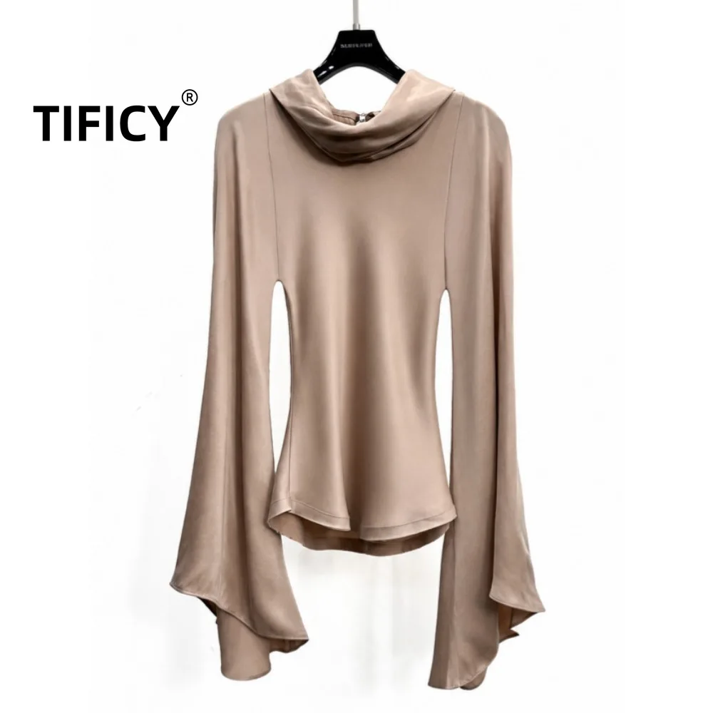 High Street T-shirt Women's Pile Neck Top Slim Waist Cinched Casual Loose Long Sleeved Wide Sleeved Flared Sleeve Tshirt Top