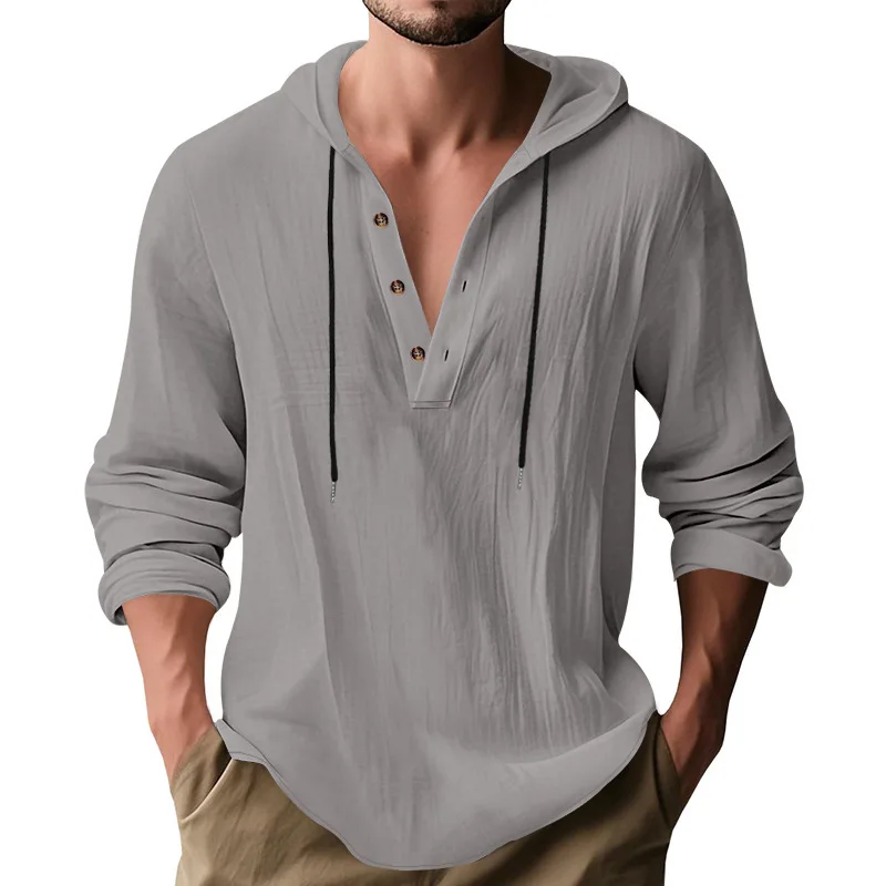 Hot Selling Men's Loose Linen Breathable Hooded Solid Color Long Sleeve Sweatshirts Breathable Beach Undershirts Male Clothes
