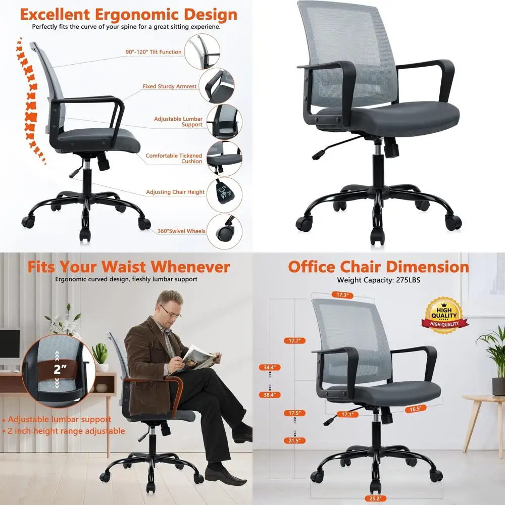 

Ergonomic Mid-Back Mesh Office Chair with Adjustable Height, Swivel Wheels, Lumbar Support for Home and Conference Rooms, Grey