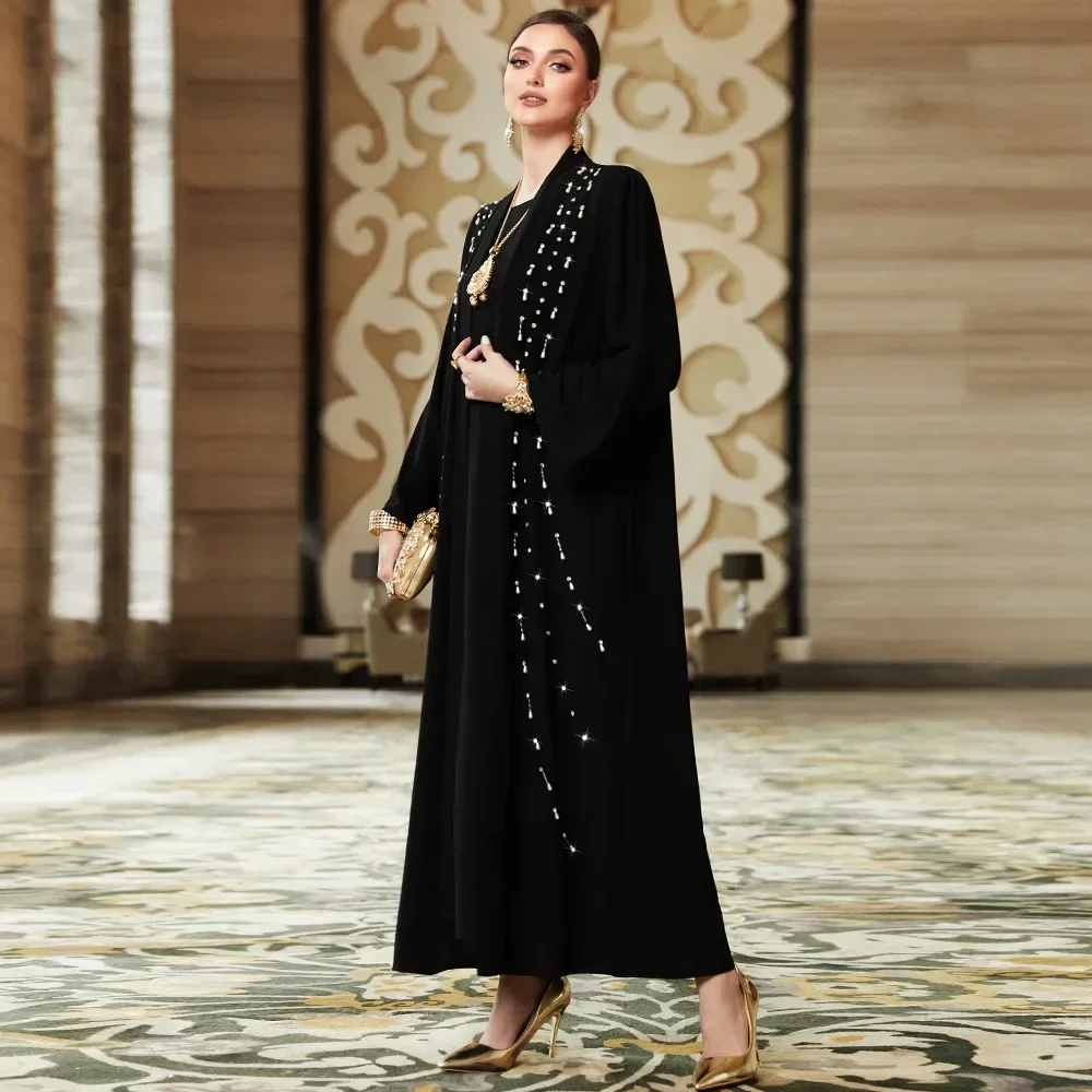 

Ramadan Moroccan Muslim Beading Maxi Dress Dubai Saudi Arabian Robe Kimono Cardigan Islamic Open Abaya Turkey Caftan Jalabiya