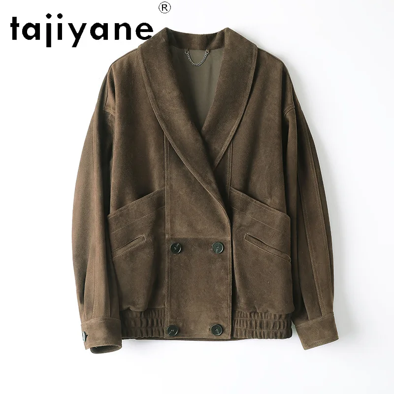 TAJIYANE Vintage Genuine Leather Jacket Women Goat Suede Overcoat Loose Leather Coat Lapel Outerwear Double Breasted Jackets