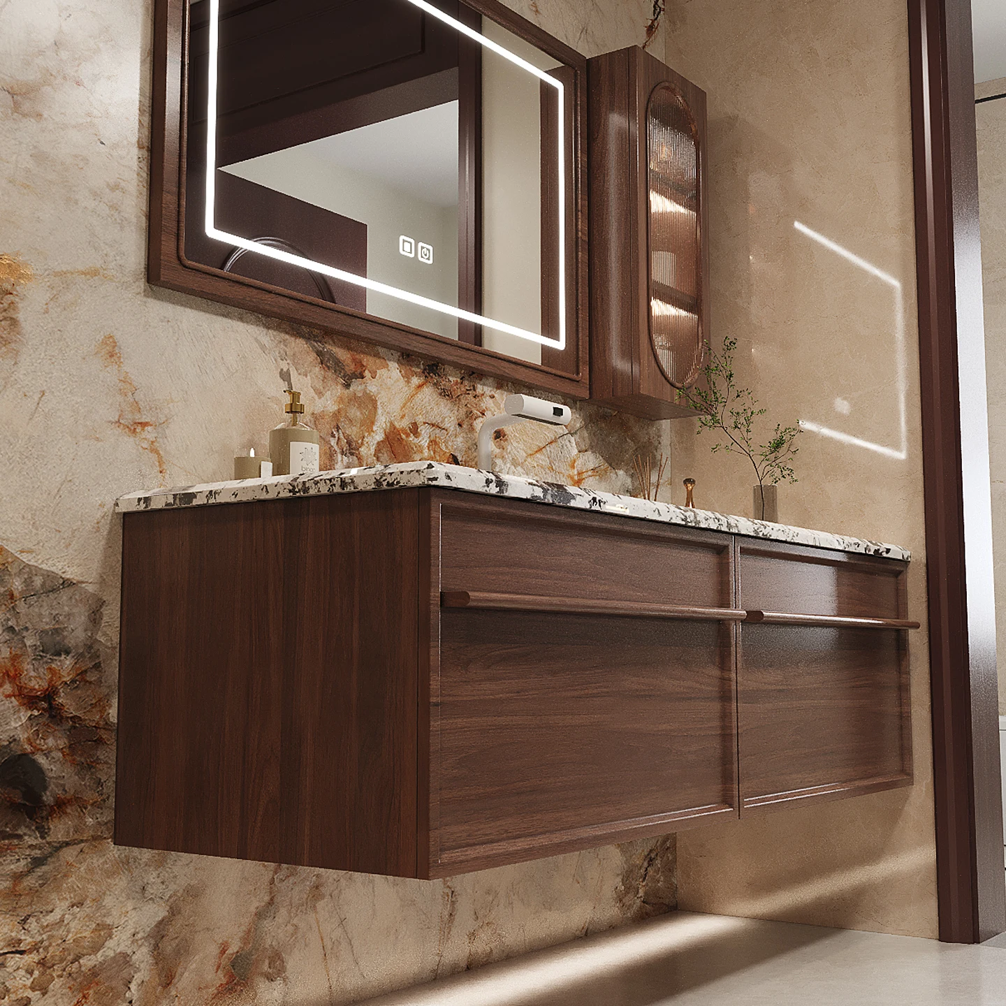 Modern Customizable High Quality Tall BathroomStorage Cabinet Mirror Bathroom Vanity Sets Waterproof Furniture